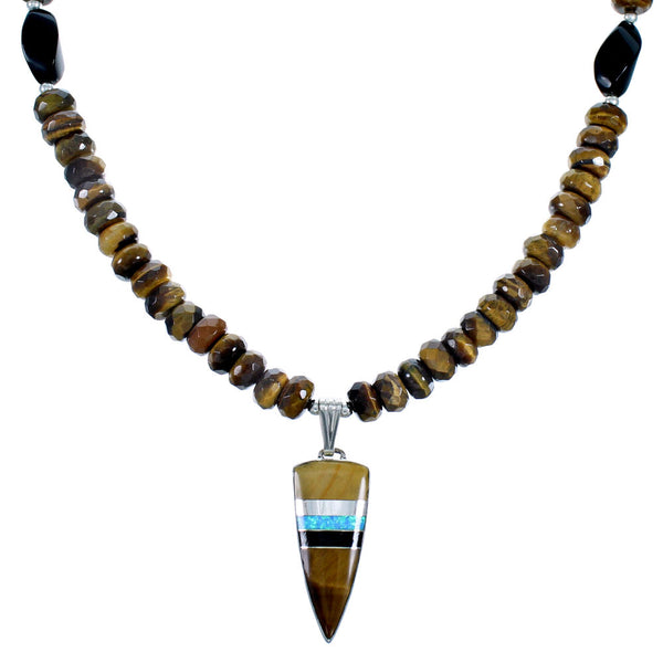 Genuine Sterling Silver Multicolor Inlay Pendant Bead Necklace RX114744